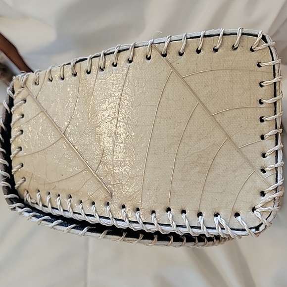 HANDMADE New Fossilized Cacao Leaves Bamboo Cream Brown Crossbody Bag Leather - Picture 6 of 12